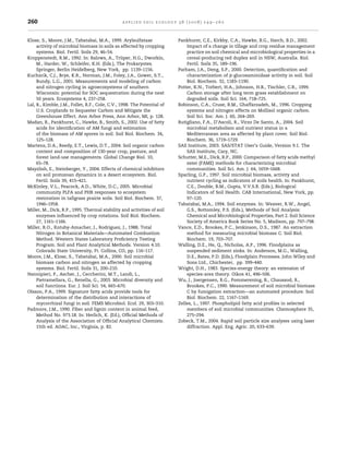 260                                              applied soil ecology 38 (2008) 249–260



Klose, S., Moore, J.M., Tabatabai, M.A., 1999. Arylsulfatase              Pankhurst, C.E., Kirkby, C.A., Hawke, B.G., Harch, B.D., 2002.
     activity of microbial biomass in soils as affected by cropping           Impact of a change in tillage and crop residue management
     systems. Biol. Fertil. Soils 29, 46–54.                                  practice on soil chemical and microbiological properties in a
Kroppenstedt, R.M., 1992. In: Balows, A., Truper, H.G., Dworkin,
                                                  ¨                           cereal-producing red duplex soil in NSW, Australia. Biol.
     M., Harder, W., Schleifer, K.H. (Eds.), The Prokaryotes.                 Fertil. Soils 35, 189–196.
     Springer, Berlin Heidelberg, New York, pp. 1139–1156.                Parham, J.A., Deng, S.P., 2000. Detection, quantiﬁcation and
Kucharik, C.J., Brye, K.R., Norman, J.M., Foley, J.A., Gower, S.T.,           characterization of b-glucosaminidase activity in soil. Soil
     Bundy, L.G., 2001. Measurements and modeling of carbon                   Biol. Biochem. 32, 1183–1190.
     and nitrogen cycling in agroecosystems of southern                   Potter, K.N., Torbert, H.A., Johnson, H.B., Tischler, C.R., 1999.
     Wisconsin: potential for SOC sequestration during the next               Carbon storage after long term grass establishment on
     50 years. Ecosystems 4, 237–258.                                         degraded soils. Soil Sci. 164, 718–725.
Lal, R., Kimble, J.M., Follet, R.F., Cole, C.V., 1998. The Potential of   Robinson, C.A., Cruse, R.M., Ghaffarzadeh, M., 1996. Cropping
     U.S. Croplands to Sequester Carbon and Mitigate the                      systems and nitrogen effects on Mollisol organic carbon.
     Greenhouse Effect. Ann Arbor Press, Ann Arbor, MI, p. 128.               Soil Sci. Soc. Am. J. 60, 264–269.
Madan, R., Pankhurst, C., Hawke, B., Smith, S., 2002. Use of fatty        Rutigliano, F.A., D’Ascoli, R., Virzo De Santo, A., 2004. Soil
     acids for identiﬁcation of AM fungi and estimation                       microbial metabolism and nutrient status in a
     of the biomass of AM spores in soil. Soil Biol. Biochem. 34,             Mediterranean area as affected by plant cover. Soil Biol.
     125–128.                                                                 Biochem. 36, 1719–1729.
Martens, D.A., Reedy, E.T., Lewis, D.T., 2004. Soil organic carbon        SAS Institute, 2003. SAS/STAT User’s Guide, Version 9.1. The
     content and composition of 130-year crop, pasture, and                   SAS Institute, Cary, NC.
     forest land-use managements. Global Change Biol. 10,                 Schutter, M.E., Dick, R.P., 2000. Comparison of fatty acids methyl
     65–78.                                                                   ester (FAME) methods for characterizing microbial
Mayzlish, E., Steinberger, Y., 2004. Effects of chemical inhibitors           communities. Soil Sci. Am. J. 64, 1659–1668.
     on soil protozoan dynamics in a desert ecosystem. Biol.              Sparling, G.P., 1997. Soil microbial biomass, activity and
     Fertil. Soils 39, 415–421.                                               nutrient cycling as indicators of soils health. In: Pankhurst,
McKinley, V.L., Peacock, A.D., White, D.C., 2005. Microbial                   C.E., Double, B.M., Gupta, V.V.S.R. (Eds.), Biological
     community PLFA and PHB responses to ecosystem                            Indicators of Soil Health. CAB International, New York, pp.
     restoration in tallgrass prairie soils. Soil Biol. Biochem. 37,          97–120.
     1946–1958.                                                           Tabatabai, M.A., 1994. Soil enzymes. In: Weaver, R.W., Angel,
Miller, M., Dick, R.P., 1995. Thermal stability and activities of soil        G.S., Bottomley, P.S. (Eds.), Methods of Soil Analysis:
     enzymes inﬂuenced by crop rotations. Soil Biol. Biochem.                 Chemical and Microbiological Properties, Part 2. Soil Science
     27, 1161–1166.                                                           Society of America Book Series No. 5, Madison, pp. 797–798.
Miller, R.O., Kotuby-Amacher, J., Rodriguez, J., 1988. Total              Vance, E.D., Brookes, P.C., Jenkinson, D.S., 1987. An extraction
     Nitrogen in Botanical Materials—Automated Combustion                     method for measuring microbial biomass C. Soil Biol.
     Method. Western States Laboratory Proﬁciency Testing                     Biochem. 19, 703–707.
     Program. Soil and Plant Analytical Methods. Version 4.10.            Walling, D.E., He, Q., Nicholas, A.P., 1996. Floodplains as
     Colorado State University, Ft. Collins, CO, pp. 116–117.                 suspended sediment sinks. In: Anderson, M.G., Walling,
Moore, J.M., Klose, S., Tabatabai, M.A., 2000. Soil microbial                 D.E., Bates, P.D. (Eds.), Floodplain Processes. John Wiley and
     biomass carbon and nitrogen as affected by cropping                      Sons Ltd., Chichester, pp. 399–440.
     systems. Biol. Fertil. Soils 31, 200–210.                            Wright, D.H., 1983. Species-energy theory: an extension of
Nannipieri, P., Ascher, J., Ceccherini, M.T., Landi, L.,                      species-area theory. Oikos 41, 496–506.
     Pietramellara, G., Renella, G., 2003. Microbial diversity and        Wu, J., Joergensen, R.G., Pommerening, B., Chaussod, R.,
     soil functions. Eur. J. Soil Sci. 54, 665–670.                           Brookes, P.C., 1990. Measurement of soil microbial biomass
Olsson, P.A., 1999. Signature fatty acids provide tools for                   C by fumigation extraction—an automated procedure. Soil
     determination of the distribution and interactions of                    Biol. Biochem. 22, 1167–1169.
     mycorrhizal fungi in soil. FEMS Microbiol. Ecol. 29, 303–310.        Zelles, L., 1997. Phospholipid fatty acid proﬁles in selected
Padmore, J.M., 1990. Fiber and lignin content in animal feed,                 members of soil microbial communities. Chemosphere 35,
     Method No. 973.18. In: Herlich, K. (Ed.), Ofﬁcial Methods of             275–294.
     Analysis of the Association of Ofﬁcial Analytical Chemists.          Zobeck, T.M., 2004. Rapid soil particle size analyses using laser
     15th ed. AOAC, Inc., Virginia, p. 82.                                    diffraction. Appl. Eng. Agric. 20, 633–639.
 