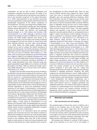 250                                         applied soil ecology 38 (2008) 249–260



composition, we may be able to better understand and                 tive management for these semiarid soils. There are also
manipulate ecosystem functions because the ability of an             several hundred hectares drip irrigated for export market
ecosystem to withstand serious disturbances may depend in            crops from trees of avocados (Persea americana), mangoes
part on the microbial component of the system (Nannipieri            (Mangifera spp.) and quenepas (Melicoccus bijugatus), which
et al., 2003). Characterization of soil microbial community          litter production and lack of tillage may also provide some
structure is possible by comparing fatty acids derived from the      beneﬁts for soil quality and functioning. However, a consider-
phospholipid components of the cellular membranes of                 able amount of land is intensively tilled to produce different
microorganisms. The fatty acid methyl esters (FAME) techni-          types of vegetables during the year such as sweet peppers
que by using a commercially available gas chromatograph-             (Capsicum annum), tomatoes (Lycopersicon esculentum), water-
software system (Microbial ID, Inc. [MIDI], Newark, DE, USA)         melon (Citrullus lanatus) and/or others. The tilled vegetable
provides a fast, simple, cost effective, and reproducible            systems may represent a crop rotation, which have been
method (Cavigelli et al., 1995; Ibekwe and Kennedy, 1999;            reported to provide positive effects on soil properties due to
Acosta-Martınez et al., 2004). Although a limitation of this
               ´                                                     higher C inputs and diversity of plant residues returned to
method is the possible inclusion of FAMEs from non-microbial         soils in comparison to continuous systems (Miller and Dick,
material, the FAME proﬁles obtained were shown to be                 1995; Friedel et al., 1996; Robinson et al., 1996; Moore et al.,
sensitive to changes in soil microbial communities as affected       2000). However, tillage practices, which are intense for
by management and land use similar to trends found with              vegetation production, have shown to decrease soil organic
other methods (Schutter and Dick, 2000; Acosta-Martınez       ´      C (Franzluebbers et al., 1995; Deng and Tabatabai, 1997),
et al., 2004). Within the FAME proﬁles, individual FAME              enzyme activities (Deng and Tabatabai, 1997; Acosta-Martınez´
markers can be used to compare the relative abundance of             et al., 2003), microbial biomass (Franzluebbers et al., 1994,
speciﬁc microbial groups. The relative abundance of bacterial        1995) and fungal populations (Frey et al., 1999; Pankhurst et al.,
populations has been determined with the FAMEs 15:0, a15:0,          2002). Thus, we believe that soils under pasture will sustain
i15:0, i16:0, a17:0 and i17:0 (Wright, 1983; Walling et al., 1996;   higher microbial communities and metabolic potential com-
Zelles, 1997). Actinomycetes abundance has been determined           pared to vegetable production that should be quantiﬁed.
from 10Me16:0, 10Me17:0 and 10Me18:0 (Kroppenstedt, 1992;            Previous studies have reported for other semiarid regions that
Zelles, 1997) and the FAME marker 20:4v6c has been suggested         native pasture showed up to 2–5-fold higher soil MBC, and
for the evaluation of protozoan abundance (Walling et al.,           higher fungal populations, when compared to agricultural
1996). Fungal populations have been evaluated using sug-             systems at 0–5 cm (Acosta-Martınez et al., 2007). However, it is
                                                                                                      ´
gested saprophytic fungal FAMEs such as 18:2v6c and 18:3v6c          uncertain if differences between the soil microbial commu-
                     ˚˚
(Frostegard and Baath, 1996) and arbuscular fungal mycor-            nities and enzyme activities can be characterized under
rhiza (AFM) indicators such as 18:1v9c and 16:1v5c (Olsson,          pasture compared to land under trees (i.e., mango and
1999; Madan et al., 2002).                                           quenepas production), and under trees (mango and quenepas)
    Changes in the microbial community structure are likely to       compared to vegetable production. Therefore, this study
be reﬂected in the functional integrity of the soil (Insam, 2001)    compares the microbial biomass C and N, FAME proﬁles of
because the microbial communities inﬂuence the potential of          the microbial communities, and selected enzyme activities of
soils for enzyme (i.e., hydrolases)-mediated substrate cata-         C (b-glucosidase, b-glucosaminidase), N (b-glucosaminidase),
lysis (Kandeler et al., 1996). Important soil enzyme activities to   P (acid phosphatase and alkaline phosphatase) and S
organic matter decomposition and nutrient (C, N, P and S)            (arylsulfatase) cycling in four representative semiarid soils
transformations can be affected by soil management such as           under native pasture, trees (i.e., mangoes, quenepas), and
b-glucosidase activity, which is key in the last limiting step of    vegetables production. The results of this study are expected
cellulose degradation (C cycle) and arylsulfatase activity,          to expand our understanding of the microbial biomass and
important on soil organic S mineralization. b-Glucosamini-           community structure and enzyme activities involved in
dase activity may provide information of chitin degradation in       phosphorus, carbon, nitrogen and sulfur cycling in semiarid
semiarid soils as it is a key enzyme involved in the hydrolysis      soils as affected by different management.
of N-acetyl-b-D-glucosamine residue from the terminal non-
reducing ends of chitooligosaccharides. This hydrolysis is
considered to be important in C and N cycling in soils because       2.      Materials and methods
it participates in the processes whereby chitin is converted to
amino sugars, a major source of mineralizable N in soil              2.1.    Sites characteristics and soil sampling
(Ekenler and Tabatabai, 2002). The phosphatases are crucial in
organic P transformation, but are also signiﬁcantly affected by      The semiarid region of Puerto Rico covers 117,000 ha and is
soil pH, which controls P availability independent of organic        located in the southern part of the island. The annual
matter content or levels of disturbance.                             precipitation in this region ranges from 762 to 1016 mm,
    Currently, there is no information about the microbial           and the annual ambient temperature ranges from 20 to 31 8C.
biomass and community structure and enzyme activities as             Ten sites were chosen, which comprised four major soil series
affected by management and land use in the semiarid region           in the region. Each soil was under representative agricultural
of Puerto Rico, a tropical island territory of the United States     production (i.e., mangoes, quenepas, watermelon and vege-
located in the Caribbean. More than 50% of this semiarid             tables) and the native pasture counterparts (Table 1).
region is under pasture of native and improved grasses used              Soil samples were collected in summer of 2005 using an
mainly for beef production, which represent more conserva-           auger (5 cm diameter) at 0–5 and 5–15 cm soil depths. A
 