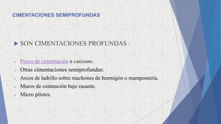 CIMENTACIONES SEMIPROFUNDAS
 SON CIMENTACIONES PROFUNDAS :
 Pozos de cimentación o caissons.
 Otras cimentaciones semiprofundas:
 Arcos de ladrillo sobre machones de hormigón o mampostería.
 Muros de contención bajo rasante.
 Micro pilotes.
 