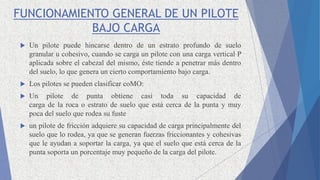 FUNCIONAMIENTO GENERAL DE UN PILOTE
BAJO CARGA
 Un pilote puede hincarse dentro de un estrato profundo de suelo
granular u cohesivo, cuando se carga un pilote con una carga vertical P
aplicada sobre el cabezal del mismo, éste tiende a penetrar más dentro
del suelo, lo que genera un cierto comportamiento bajo carga.
 Los pilotes se pueden clasificar coMO:
 Un pilote de punta obtiene casi toda su capacidad de
carga de la roca o estrato de suelo que está cerca de la punta y muy
poca del suelo que rodea su fuste
 un pilote de fricción adquiere su capacidad de carga principalmente del
suelo que lo rodea, ya que se generan fuerzas friccionantes y cohesivas
que le ayudan a soportar la carga, ya que el suelo que está cerca de la
punta soporta un porcentaje muy pequeño de la carga del pilote.
 