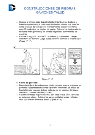 18
o Coloque la primera capa de piedra hasta 30 centímetros de altura e
inmediatamente coloque conectores de alambre internos que unan las
caras opuestas de cada gavión. Se recomienda colocar conectores
cada 30 centímetros de longitud de gavión. Coloque los tirantes uniendo
las caras de los gaviones y los tirantes diagonales, conformando las
esquinas.
o Coloque la segunda capa de 30 centímetros y nuevamente coloque
conectores de alambre. Luego puede proceder a colocar la tercera capa
(Figura Nº 17).
Nº
Figura Nº 17
e. Cierre de gaviones:
o Después de llenar los cajones con piedra, proceda a cerrar la tapa de los
gaviones y coser todas las aristas superiores incluyendo las aristas de
los diafragmas, cosiendo todos y cada uno de los espacios del gavión
alternando costuras sencillas y dobles.
o Cosa las unidades de gaviones unas con otras en sus caras verticales
en todas sus aristas. Coloque las nuevas unidades vacías y cósalas
unas con otras en todas sus aristas (Figura Nº 18).
 