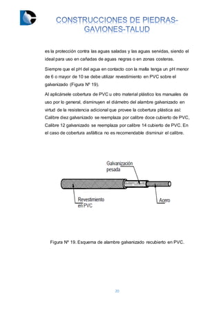 20
es la protección contra las aguas saladas y las aguas servidas, siendo el
ideal para uso en cañadas de aguas negras o en zonas costeras.
Siempre que el pH del agua en contacto con la malla tenga un pH menor
de 6 o mayor de 10 se debe utilizar revestimiento en PVC sobre el
galvanizado (Figura Nº 19).
Al aplicársele cobertura de PVC u otro material plástico los manuales de
uso por lo general, disminuyen el diámetro del alambre galvanizado en
virtud de la resistencia adicional que provee la cobertura plástica así:
Calibre diez galvanizado se reemplaza por calibre doce cubierto de PVC,
Calibre 12 galvanizado se reemplaza por calibre 14 cubierto de PVC. En
el caso de cobertura asfáltica no es recomendable disminuir el calibre.
Figura Nº 19. Esquema de alambre galvanizado recubierto en PVC.
 