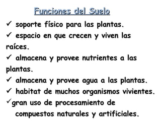 Funciones del Suelo
 soporte físico para las plantas.
 espacio en que crecen y viven las
raíces.
 almacena y provee nutrientes a las
plantas.
 almacena y provee agua a las plantas.
 habitat de muchos organismos vivientes.
gran uso de procesamiento de
compuestos naturales y artificiales.

 