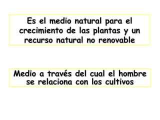 Es el medio natural para el
crecimiento de las plantas y un
recurso natural no renovable

Medio a través
se relaciona

del cual el hombre
con los cultivos

 