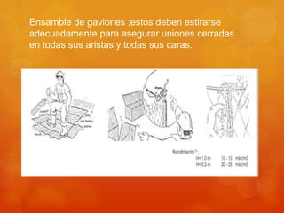 Ensamble de gaviones ;estos deben estirarse
adecuadamente para asegurar uniones cerradas
en todas sus aristas y todas sus caras.
 