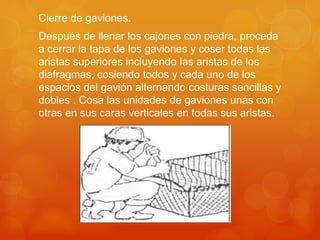 Cierre de gaviones.
Después de llenar los cajones con piedra, proceda
a cerrar la tapa de los gaviones y coser todas las
aristas superiores incluyendo las aristas de los
diafragmas, cosiendo todos y cada uno de los
espacios del gavión alternando costuras sencillas y
dobles . Cosa las unidades de gaviones unas con
otras en sus caras verticales en todas sus aristas.
 