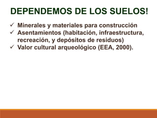 DEPENDEMOS DE LOS SUELOS!
 Minerales y materiales para construcción
 Asentamientos (habitación, infraestructura,
recreación, y depósitos de residuos)
 Valor cultural arqueológico (EEA, 2000).
 