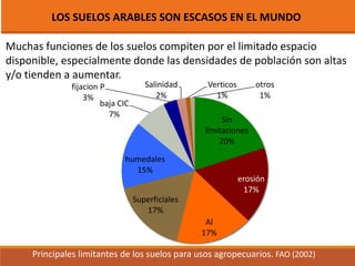 Sin
limitaciones
20%
erosión
17%
Al
17%
Superficiales
17%
humedales
15%
baja CIC
7%
fijacion P
3%
Salinidad
2%
Verticos
1%
otros
1%
Principales limitantes de los suelos para usos agropecuarios. FAO (2002)
Muchas funciones de los suelos compiten por el limitado espacio
disponible, especialmente donde las densidades de población son altas
y/o tienden a aumentar.
LOS SUELOS ARABLES SON ESCASOS EN EL MUNDO
 