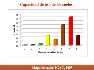 Capacidad de uso de los suelos
Mapa de suelos IGAC, 2003
00
05
10
15
20
25
30
35
40
1 2 3 4 5 6 7 8
%Nacional
Clases de capacidad de Uso
 
