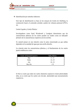 FACULTAD DE INGENIERIA CIVIL                            U.N.C.P

MECÁNICA DE SUELOS I                         SUELOS EXPANSIBLES




    Identificación por métodos indirectos

      Este tipo de identificación se basa en los ensayos de Limite de Atterberg, la
      contracción lineal, el contenido coloidal, cambio de volumen potencial (PVC),
      etc.

      Límite Líquido y Límite Plástico

      Investigadores como Seed, Woodward y Lundgren demostraron que las
      características plásticas de los suelos pueden ser usados como un indicador
      primario de la características expansivas de las arcillas.

      Es natural pensar en una relación como la antes mencionada ya que ambas
      dependen en la cantidad de agua que una arcilla absorbe.

      La relación entre las características plásticas y el hinchamiento de los suelos
      puede establecerse como:




      Si bien es cierto que todos los suelos altamente expansivos tienen plasticidades
      altas, no es cierto que los suelos con elevada plasticidad sean necesariamente
      expansivos.




                                                             II INFORME DE LABORATORIO
 
