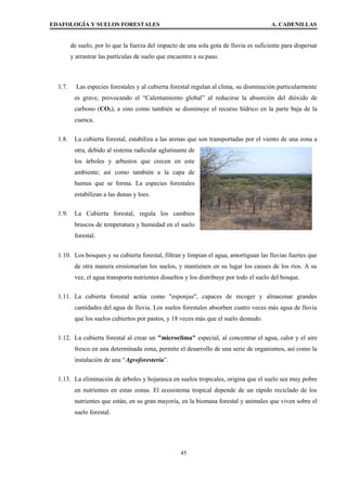 EDAFOLOGÍA Y SUELOS FORESTALES A. CADENILLAS
de suelo, por lo que la fuerza del impacto de una sola gota de lluvia es suficiente para dispersar
y arrastrar las partículas de suelo que encuentre a su paso.
1.7. Las especies forestales y al cubierta forestal regulan al clima, su disminución particularmente
es grave, provocando el “Calentamiento global” al reducirse la absorción del dióxido de
carbono (CO2), a sino como también se disminuye el recurso hídrico en la parte baja de la
cuenca.
1.8. La cubierta forestal, estabiliza a las arenas que son transportadas por el viento de una zona a
otra, debido al sistema radicular aglutinante de
los árboles y arbustos que crecen en este
ambiente; así como también a la capa de
humus que se forma. La especies forestales
estabilizan a las dunas y loes.
1.9. La Cubierta forestal, regula los cambios
bruscos de temperatura y humedad en el suelo
forestal.
1.10. Los bosques y su cubierta forestal, filtran y limpian el agua, amortiguan las lluvias fuertes que
de otra manera erosionarían los suelos, y mantienen en su lugar los causes de los ríos. A su
vez, el agua transporta nutrientes disueltos y los distribuye por todo el suelo del bosque.
1.11. La cubierta forestal actúa como "esponjas", capaces de recoger y almacenar grandes
cantidades del agua de lluvia. Los suelos forestales absorben cuatro veces más agua de lluvia
que los suelos cubiertos por pastos, y 18 veces más que el suelo desnudo.
1.12. La cubierta forestal al crear un "microclima" especial, al concentrar el agua, calor y el aire
fresco en una determinada zona, permite el desarrollo de una serie de organismos, así como la
instalación de una “Agroforestería”.
1.13. La eliminación de árboles y hojarasca en suelos tropicales, origina que el suelo sea muy pobre
en nutrientes en estas zonas. El ecosistema tropical depende de un rápido reciclado de los
nutrientes que están, en su gran mayoría, en la biomasa forestal y animales que viven sobre el
suelo forestal.
45
 