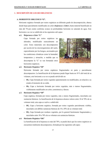 EDAFOLOGÍA Y SUELOS FORESTALES A. CADENILLAS
1. DESCRIPCIÓN DE LOS HO ORGÁNICOS
A. HORIZONTE ORGÁNICO “O”.
Horizonte orgánico formado por restos orgánicos en diferente grado de descomposición, abarca
desde hojas parcialmente modificados en color (hojarasca o Litter), hasta material humificado en
más del 70 por ciento conforme avance en profundidad, horizonte no saturado de agua. Este
horizonte a su vez se subdivide en las siguientes sub capas:
a.1. Hojarasca o Litter “L”
Capa formada por restos orgánicos no
alterados, modificados esencialmente en
color. Estos materiales son descompuestos
por acción de los microorganismos del suelo,
especialmente por los hongos, accionados por
las condiciones climáticas como la humedad,
temperatura y aireación, a medida que se
descompone la “L” se van formando otros
horizontes orgánicos.
a.2. Horizonte Orgánico “Ol”
Horizonte formado por restos orgánicos fragmentados en parte y parcialmente
descompuestos. La humificación de la hojarasca puede llegar hasta un 10 % del total de su
volumen, este horizonte a su ves se puede sub dividir en:
- Ol1. Capa formada por restos vegetales aparentemente no modificados, en relación a su
estado al momento de su caída.
- Ol2. Capa u horizonte formada por restos vegetales, más o menos fragmentados,
visiblemente modificados en color, consistencia y dureza.
a.3. Horizonte Orgánico “Of”
Capa orgánica, formada por restos vegetales, más o menos fragmentados, mezclados con
sustancias húmicas. La humificación de la hojarasca alcanza valores entre 10 al 70% de su
volumen total, esta capa se vuelve a subdividir:
- Of1. Capa u horizonte orgánico, formada por restos vegetales parcialmente visibles,
mezclados con débiles sustancias húmicas de 10 a 30% de su volumen total.
- Of2. Capa formada por residuos vegetales, por lo general fuertemente fragmentados y
mezclados entre 30 a 70% de su volumen con sustancias húmicas.
a.4. Horizonte Orgánico “Oh”
La humificación de la hojarasca es más del 70%, se puede decir que los restos orgánicos se
encuentran totalmente descompuestos, formada por las siguientes sub capas:
37
 