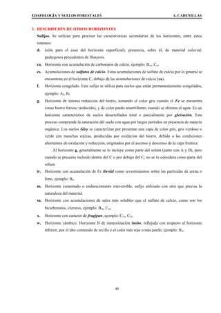 EDAFOLOGÍA Y SUELOS FORESTALES A. CADENILLAS
3. DESCRIPCIÓN DE OTROS HORIZONTES
Sufijos. Se utilizan para precisar las características secundarias de los horizontes, entre estos
tenemos:
d. (sólo para el caso del horizonte superficial), presencia, sobre él, de material coluvial,
pedregosos procedentes de Huaycos.
ca. Horizonte con acumulación de carbonatos de calcio, ejemplo: Bca, Cca
cs. Acumulaciones de sulfatos de calcio. Estas acumulaciones de sulfato de calcio por lo general se
encuentran en el horizonte C, debajo de las acumulaciones de calcio (ca).
f. Horizonte congelado. Este sufijo se utiliza para suelos que están permanentemente congelados,
ejemplo: Af, Bf.
g. Horizonte de intensa reducción del hierro, tomando el color gris cuando el Fe se encuentra
como hierro ferroso (reducido), y de color pardo amarrillento, cuando se elimina el agua. Es un
horizonte característico de suelos desarrollados total o parcialmente por gleisación. Este
proceso comprende la saturación del suelo con agua por largos periodos en presencia de materia
orgánica. Los suelos Gley se caracterizan por presentar una capa de color gris, gris verdoso o
verde con manchas rojizas, producidas por oxidación del hierro, debido a las condiciones
alternantes de oxidación y reducción, originados por el ascenso y descenso de la capa freática.
Al horizonte g, generalmente se lo incluye como parte del solum (junto con A y B), pero
cuando se presenta incluido dentro del C o por debajo del C, no se lo considera como parte del
solum.
ir. Horizonte con acumulación de Fe iluvial como revestimientos sobre las partículas de arena o
limo, ejemplo: Bir.
m. Horizonte cementado o endurecimiento irreversible, sufijo utilizado con otro que precisa la
naturaleza del material.
sa. Horizonte con acumulaciones de sales más solubles que el sulfato de calcio, como son los
bicarbonatos, cloruros, ejemplo: Bsa, Csa.
x. Horizonte con carácter de fragipan, ejemplo: C1x, C2x.
w. Horizonte cámbico. Horizonte B de meteorización ínsito, reflejada con respecto al horizonte
inferior, por el alto contenido de arcilla y el color más rojo o más pardo; ejemplo: Bw.
40
 