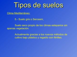 Tipos de suelos Clima Mediterráneo: 5.- Suelo gris o Serosem   Suelo seco propio de los climas esteparios sin  apenas vegetación. Actualmente gracias a los nuevos métodos de  cultivo bajo plástico y regadío son fértiles. 