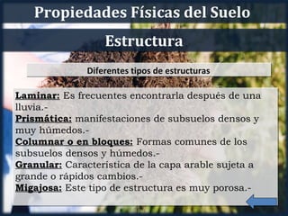 Propiedades Físicas del Suelo
                  Estructura
              Diferentes tipos de estructuras

Laminar: Es frecuentes encontrarla después de una
lluvia.-
Prismática: manifestaciones de subsuelos densos y
muy húmedos.-
Columnar o en bloques: Formas comunes de los
subsuelos densos y húmedos.-
Granular: Característica de la capa arable sujeta a
grande o rápidos cambios.-
Migajosa: Este tipo de estructura es muy porosa.-
 
