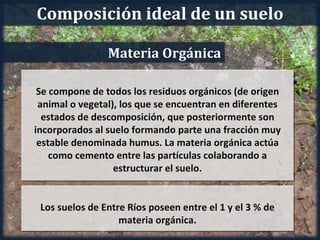 Composición ideal de un suelo

                Materia Orgánica

 Se compone de todos los residuos orgánicos (de origen
 animal o vegetal), los que se encuentran en diferentes
  estados de descomposición, que posteriormente son
incorporados al suelo formando parte una fracción muy
 estable denominada humus. La materia orgánica actúa
    como cemento entre las partículas colaborando a
                  estructurar el suelo.


 Los suelos de Entre Ríos poseen entre el 1 y el 3 % de
                   materia orgánica.
 