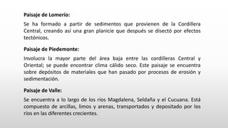 Paisaje de Lomerío:
Se ha formado a partir de sedimentos que provienen de la Cordillera
Central, creando así una gran planicie que después se disectó por efectos
tectónicos.
Paisaje de Piedemonte:
Involucra la mayor parte del área baja entre las cordilleras Central y
Oriental; se puede encontrar clima cálido seco. Este paisaje se encuentra
sobre depósitos de materiales que han pasado por procesos de erosión y
sedimentación.
Paisaje de Valle:
Se encuentra a lo largo de los ríos Magdalena, Seldaña y el Cucuana. Está
compuesto de arcillas, limos y arenas, transportados y depositado por los
ríos en las diferentes crecientes.
 