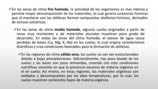 En las zonas de clima frio húmedo, la actividad de los organismos es mas intensa y
permite mayor descomposición de los materiales, lo cual genera sustancias húmicas
que al mezclarse con las alófanas forman compuestos alofánico-húmicos, derivados
de cenizas volcánicas.
En las zonas de clima medio húmedo, algunos suelos originados a partir de
rocas muy resistentes o de materiales aluviales muestran poco grado de
desarrollo. En todas las áreas del clima húmedo, el exceso de agua causa
perdidas de bases (Ca, Mg, K, Na) en los suelos, lo cual origina características
distróficas y crea condiciones favorables para la formación de alófanas.
En las regiones de clima cálido seco, los suelos no son tan evolucionados
debido a bajas precipitaciones. Adicionalmente, hay poco lavado de los
suelos y las bases son poco removidas, creando con esto condiciones
eutróficas (consiste en que la presencia excesiva de materia orgánica en
el en suelo). Así mismo, en estas regiones, los materiales orgánicos son
oxidados y descompuestos por las altas temperaturas, por lo cual, los
suelos muestran contenidos bajos de materia orgánica.
 