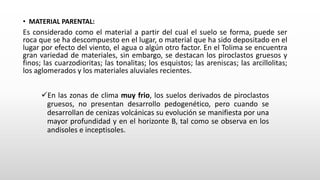 • MATERIAL PARENTAL:
Es considerado como el material a partir del cual el suelo se forma, puede ser
roca que se ha descompuesto en el lugar, o material que ha sido depositado en el
lugar por efecto del viento, el agua o algún otro factor. En el Tolima se encuentra
gran variedad de materiales, sin embargo, se destacan los piroclastos gruesos y
finos; las cuarzodioritas; las tonalitas; los esquistos; las areniscas; las arcillolitas;
los aglomerados y los materiales aluviales recientes.
En las zonas de clima muy frio, los suelos derivados de piroclastos
gruesos, no presentan desarrollo pedogenético, pero cuando se
desarrollan de cenizas volcánicas su evolución se manifiesta por una
mayor profundidad y en el horizonte B, tal como se observa en los
andisoles e inceptisoles.
 