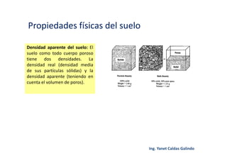 Propiedades físicas del suelo
Densidad aparente del suelo: El
suelo como todo cuerpo poroso
tiene dos densidades. La
densidad real (densidad media
de sus partículas sólidas) y la
densidad aparente (teniendo en
cuenta el volumen de poros).
 
