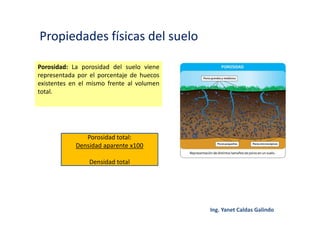 Propiedades físicas del suelo
Porosidad: La porosidad del suelo viene
representada por el porcentaje de huecos
existentes en el mismo frente al volumen
total.
Porosidad total:
Densidad aparente x100
Densidad total
 
