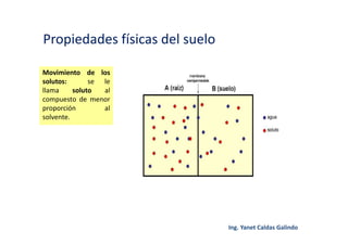 Propiedades físicas del suelo
Movimiento de los
solutos: se le
llama soluto al
compuesto de menor
proporción al
solvente.
 