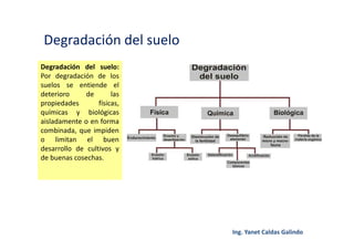 Degradación del suelo
Degradación del suelo:
Por degradación de los
suelos se entiende el
deterioro de las
propiedades físicas,
químicas y biológicas
aisladamente o en forma
combinada, que impiden
o limitan el buen
desarrollo de cultivos y
de buenas cosechas.
 