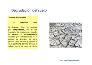 Degradación del suelo
Tipos de degradación:
El deterioro físico
El deterioro físico se produce
por compactación, por el uso
impropio de maquinaria pesada;
el sellado y encostramiento,
causado por sobrepastoreo y el
pisoteo de animales de porte
pesado como vacunos y equinos; y
el anegamiento por mal drenaje al
aplicar exceso de agua de riego.
 