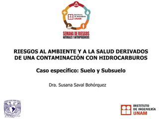 Dra. Susana Saval Bohórquez
RIESGOS AL AMBIENTE Y A LA SALUD DERIVADOS
DE UNA CONTAMINACIÓN CON HIDROCARBUROS
Caso específico: Suelo y Subsuelo
 