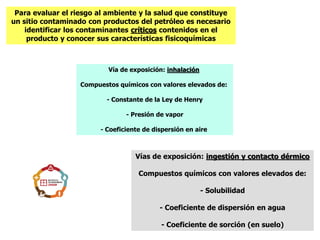Para evaluar el riesgo al ambiente y la salud que constituye
un sitio contaminado con productos del petróleo es necesario
identificar los contaminantes críticos contenidos en el
producto y conocer sus características fisicoquímicas
Vías de exposición: ingestión y contacto dérmico
Compuestos químicos con valores elevados de:
- Solubilidad
- Coeficiente de dispersión en agua
- Coeficiente de sorción (en suelo)
Vía de exposición: inhalación
Compuestos químicos con valores elevados de:
- Constante de la Ley de Henry
- Presión de vapor
- Coeficiente de dispersión en aire
 