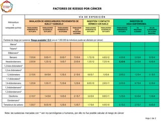 Hidrocarburo
o
compuesto químico
V Í A D E E X P O S I C I Ó N
INHALACIÓN DE HIDROCARBUROS PROVENIENTES DE
SUELO Y SUBSUELO
INGESTIÓN Y CONTACTO
DÉRMICO CON SUELO
INGESTIÓN DE
AGUA SUBTERRÁNEA
TRABAJADORES
PERMANENETES
EN PLANTA
TRABAJADORES
OCASIONALES
EN PLANTA
TRABAJADORES
PERMANENETES
EN OFICINAS
TRABAJADOR
ES DE
INDUSTRIAS
ALEDAÑAS
TRABAJADORES
PERMANENETES
EN PLANTA
TRABAJADORES
OCASIONALES
EN PLANTA
TRABAJADORES
PERMANENETES
EN PLANTA
EN
INDUSTRIAS
ALEDAÑAS
EN LOS
ALREDEDORES
DE LA ZONA
INDUSTRIAL
Factores de riesgo por sustancia. Riesgo aceptable 1 E-6 (uno en 1,000,000 de individuos puede ser afectado por cáncer)
Xilenos*
Tolueno*
Etilbenceno*
Benceno 7.0 E-9 3.9 E-11 5.9 E-7 7.0 E-9 1.7 E-10 4.8 E-12 4.5 E-6 2.0 E-8 5.0 E-9
Hexaclorobenceno 2.5 E-9 1.2 E-12 1.6 E-7 2.5 E-9 1.3 E-12 7.2 E-14 5.3 E-6 2.4 E-8 5.9 E-9
1,2-trans dicloroeteno*
1,2-cis dicloroeteno*
1,2-dicloroetano 2.1 E-5 8.4 E-8 1.3 E-3 2.1 E-5 6.6 E-7 1.9 E-8 2.8 E-2 1.2 E-4 3.1 E-5
1,1-dicloroetano*
1,4-diclorobenceno 1.2 E-9 1.5 E-11 7.2 E-8 1.2 E-9 8.8 E-10 2.6 E-11 2.0 E-6 8.7 E-9 2.2 E-9
1,3-diclorobenceno*
1,2-diclorobenceno*
Cloroformo 2.1 E-7 1.4 E-9 1.6 E-5 2.1 E-7 3.0 E-9 8.8 E-11 1.2 E-5 5.3 E-8 1.3 E-8
Clorobenceno*
Tetracloruro de carbono 1.3 E-7 9.0 E-10 1.2 E-5 1.3 E-7 1.7 E-8 4.9 E-10 6.1 E-5 2.7 E-7 6.8 E-8
FACTORES DE RIESGO POR CÁNCER
Hoja 1 de 2
Nota: las sustancias marcadas con * son no-carcinógenas a humanos, por ello no fue posible calcular el riesgo de cáncer
 