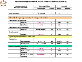 RESUMEN DEL ESTUDIO DE EVALUACIÓN DE RIESGO A LA SALUD HUMANA
Vía de exposición /
Receptor / Escenario
Carcinogenicidad Toxicidad
Probabilidad Riesgo Índice Peligro
Valor aceptable 1 de 100,000 - 1 -
Inhalación de vapores provenientes de suelo y manto freático
Trabajadores permanentes
En planta 1 de 8,333 SÍ 0.35 NO
En oficinas 1 de 91 SÍ 23 SÍ
Trabajadores de la construcción
En planta 1 de 4,347,826 NO 0.042 NO
Zona industrial
Aledaña 1 de 8,333 SÍ 0.35 NO
Ingestión y contacto dérmico con el suelo
Trabajadores
Permanentes 1 de 333,333 NO 0.0016 NO
Ocasionales 1 de 11,627,906 NO 0.0012 NO
Ingestión de agua subterránea
En planta 1 de 16 SÍ 35 SÍ
En industrias
aledañas
1 de 3,571 SÍ 0.15 NO
Fuera de la zona
industrial
1 de 14,084 SÍ 0.039 NO
 
