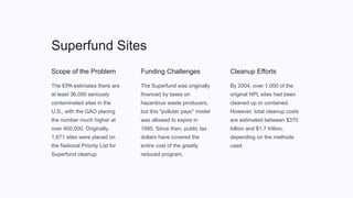 Superfund Sites
Scope of the Problem
The EPA estimates there are
at least 36,000 seriously
contaminated sites in the
U.S., with the GAO placing
the number much higher at
over 400,000. Originally,
1,671 sites were placed on
the National Priority List for
Superfund cleanup.
Funding Challenges
The Superfund was originally
financed by taxes on
hazardous waste producers,
but this "polluter pays" model
was allowed to expire in
1995. Since then, public tax
dollars have covered the
entire cost of the greatly
reduced program.
Cleanup Efforts
By 2004, over 1,000 of the
original NPL sites had been
cleaned up or contained.
However, total cleanup costs
are estimated between $370
billion and $1.7 trillion,
depending on the methods
used.
 