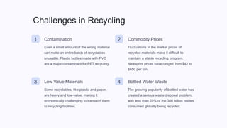 Challenges in Recycling
1 Contamination
Even a small amount of the wrong material
can make an entire batch of recyclables
unusable. Plastic bottles made with PVC
are a major contaminant for PET recycling.
2 Commodity Prices
Fluctuations in the market prices of
recycled materials make it difficult to
maintain a stable recycling program.
Newsprint prices have ranged from $42 to
$650 per ton.
3 Low-Value Materials
Some recyclables, like plastic and paper,
are heavy and low-value, making it
economically challenging to transport them
to recycling facilities.
4 Bottled Water Waste
The growing popularity of bottled water has
created a serious waste disposal problem,
with less than 20% of the 300 billion bottles
consumed globally being recycled.
 