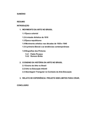SUMÁRIO



RESUMO

INTRODUÇÃO

  1. MOVIMENTO DA ARTE NO BRASIL

    1.1 Época colonial

    1.2 A missão Artística de 1816
    1.3 Época republicana
    1.4 Movimento artístico nas décadas de 1930 e 1940
    1.5 A primeira Bienal e as tendências contemporâneas

    1.6 Biografias dos Pintores
         1.6.1 Pablo Picasso
         1.6.2 Romero Britto


  2. O ENSINO DA HISTÓRIA DA ARTE NO BRASIL
    2.1 Ensino de Arte no Brasil
    2.2 Arte na Educação Infantil
    2.3 Abordagem Triangular no Contexto da Arte-Educação


  3. RELATO DE EXPERIÊNCIA: PROJETO SEM LIMITES PARA CRIAR.


CONCLUSÃO
 