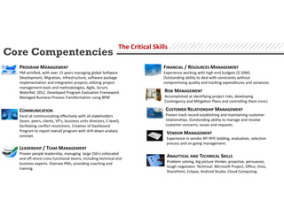 Core Compentencies
The Critical Skills
PROGRAM MANAGEMENT
PM certified, with over 15 years managing global Software
Development, Migration, Infrastructure, software package
implementation and integration projects utilizing project
management tools and methodologies, Agile, Scrum,
Waterfall, SDLC. Developed Program Evaluation Framework.
Managed Business Process Transformation using BPM
COMMUNICATION
Excel at communicating effectively with all stakeholders
(team, peers, clients, VP’s, business units directors, C-level),
facilitating conflict resolutions. Creation of Dashboard
Program to report overall program with drill-down analysis
concept.
LEADERSHIP / TEAM MANAGEMENT
Proven people leadership, managing large (50+) collocated
and off-shore cross-functional teams, including technical and
business experts. Oversee PMs, providing coaching and
training.
FINANCIAL / RESOURCES MANAGEMENT
Experience working with high-end budgets ($ 20M).
Outstanding ability to deal with constraints without
compromising quality and tracking expenditures and variances.
RISK MANAGEMENT
Accomplished at identifying project risks, developing
Contingency and Mitigation Plans and controlling them (PIERC)
CUSTOMER RELATIONSHIP MANAGEMENT
Proven track record establishing and maintaining customer
relationships. Outstanding ability to manage and resolve
customer concerns, issues and requests.
VENDOR MANAGEMENT
Experience in vendor RFI RFP, bidding, evaluation, selection
process and on going management.
ANALYTICAL AND TECHNICAL SKILLS
Problem solving, big picture thinker, proactive, persuasive,
tough negotiator. Technical: Microsoft Project, Office, Visio,
SharePoint, Eclipse, Android Studio, Cloud Computing.
 