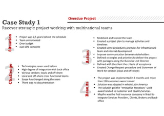 2
1
Case Study 1
Recover strategic project working with multinational teams
Overdue Project
Situation
Project was 2,5 years behind the schedule
Team unmotivated
Over budget
Just 10% complete
Challenge
3
4ActionResults
Technologies never used before
High degree of integration with back office
Various vendors: locals and off-shore
Local and off-shore cross functional teams
Scope has changed along the years
There was no documentation
Mobilized and trained the team
Created a project plan to manage activities and
timelines
Created some procedures and rules for infrastructure
team and internal development
Improve communication between stakeholders
Defined strategies and priorities to deliver the project
with packages along the Business Unit Director
Defined with the client the criteria of acceptance
Created Change Request procedure and Statement of
Work for vendors (local and off-shore)
The project was implemented in 6 months and more
than 150 customers were trained
Solution was adopted in whole Latin America
The solution got the “Innovative Processes” Gold
award related to Customer and Quality Services
Mapfre was the first insurance company in Brazil to
integrate Services Providers, Clients, Brokers and back-
office
 