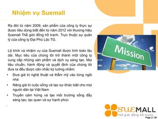 Page 2 / 26
Nhiệm vụ Suemall
Ra đời từ năm 2009, sản phẩm của công ty thực sự
được tiêu dùng biết đến từ năm 2012 với thương hiệu
Suemall Thế giới đồng hồ tranh. Trực thuộc sự quản
lý của công ty Đại Phú Lộc TG.
Lộ trình và nhiệm vụ của Suemall được tính toán lâu
dài. Mục tiêu của chúng tôi trở thành một công ty
cung cấp những sản phẩm và dịch vụ sáng tạo. Mọi
tiêu chuẩn, hành động và quyết định của chúng tôi
đưa ra đều được cân nhắc kỹ lưỡng nhằm:
• Đưa giá trị nghệ thuật và thẫm mỹ vào từng ngôi
nhà
• Nâng giá trị cuộc sống và tạo sự khác biệt cho mọi
người dân tại Việt Nam
• Truyền cảm hứng và tạo môi trường sống đầy
sáng tạo, lạc quan và sự hạnh phúc
.
 