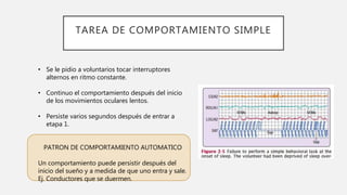 TAREA DE COMPORTAMIENTO SIMPLE
• Se le pidio a voluntarios tocar interruptores
alternos en ritmo constante.
• Continuo el comportamiento después del inicio
de los movimientos oculares lentos.
• Persiste varios segundos después de entrar a
etapa 1.
PATRON DE COMPORTAMIENTO AUTOMATICO
Un comportamiento puede persistir después del
inicio del sueño y a medida de que uno entra y sale.
Ej. Conductores que se duermen.
 
