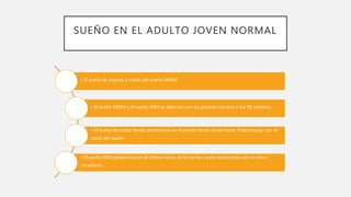 SUEÑO EN EL ADULTO JOVEN NORMAL
• El sueño se ingresa a través del sueño NREM.
• El sueño NREM y el sueño REM se alternan con un período cercano a los 90 minutos.
• El sueño de ondas lentas predomina en el primer tercio de la noche. Relacionado con el
inicio del sueño
• El sueño REM predomina en el último tercio de la noche y está relacionado con el ritmo
circadiano.
 