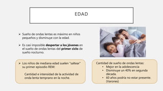 EDAD
 Sueño de ondas lentas es máximo en niños
pequeños y disminuye con la edad.
 Es casi imposible despertar a los jóvenes en
el sueño de ondas lentas del primer ciclo de
sueño nocturno.
 Los niños de mediana edad suelen "saltear"
su primer episodio REM:
Cantidad e intensidad de la actividad de
onda lenta temprano en la noche.
Cantidad de sueño de ondas lentas:
• Mejor en la adolescencia
• Disminuye un 40% en segunda
década.
• 60 años podría no estar presente.
(Varones)
 