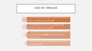 USO DE DROGAS
• Las benzodiacepinas tienden a suprimir el SWS y no
tienen un efecto sobre sueño REM.
• Los antidepresivos tricíclicos, los IMAO y ISRS
tienden a suprimir el sueño REM
• La fluoxetina también se asocia con movimientos
oculares rápidos en todas las etapas del sueño
("ojos Prozac").
• La abstinencia aguda de benzodiacepinas produce
aumento de SWS
 
