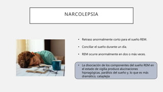 NARCOLEPSIA
• Retraso anormalmente corto para el sueño REM.
• Conciliar el sueño durante un día.
• REM ocurre anormalmente en dos o más veces.
• La disociación de los componentes del sueño REM en
el estado de vigilia produce alucinaciones
hipnagógicas, parálisis del sueño y, lo que es más
dramático, cataplejía
 