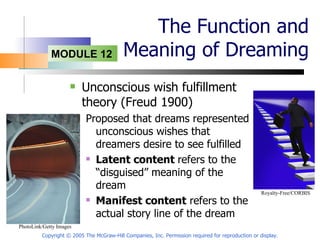 The Function and Meaning of Dreaming Unconscious wish fulfillment theory (Freud 1900) Proposed that dreams represented unconscious wishes that dreamers desire to see fulfilled Latent content  refers to the “disguised” meaning of the dream Manifest content  refers to the actual story line of the dream Copyright © 2005 The McGraw-Hill Companies, Inc. Permission required for reproduction or display. PhotoLink/Getty Images   Royalty-Free/CORBIS  