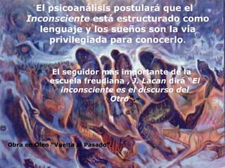 El psicoanálisis postulará que el  Inconsciente  está estructurado como lenguaje y los sueños son la vía privilegiada para conocerlo . El seguidor más importante de la escuela freudiana ,  J. Lacan  dirá “ El inconsciente es el discurso del Otro ”.- Obra en Oleo “Vuelta al Pasado”. 