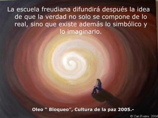 Oleo “ Bloqueo”, Cultura de la paz 2005.- La escuela freudiana difundirá después la idea de que la verdad no solo se compone de lo real, sino que existe además lo simbólico y lo imaginario. 