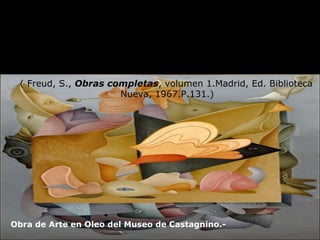 Pero también podrá hacer otra cosa: podrá haber traído consigo elementos de trabajo, conseguir que los indígenas lo auxilien en su tarea de investigación y con ellos atacar el campo de las ruinas, realizar excavaciones y descubrir, a partir de los restos visibles, la parte sepultada.¨  ( Freud, S.,  Obras completas , volumen 1.Madrid, Ed. Biblioteca Nueva, 1967.P.131.)        Obra de Arte en Oleo del Museo de Castagnino.- 