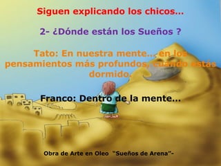 Siguen explicando los chicos… 2- ¿Dónde están los Sueños ? Tato: En nuestra mente… en los pensamientos más profundos, cuando estás dormido. Franco: Dentro de la mente… Obra de Arte en Oleo  “Sueños de Arena”- 