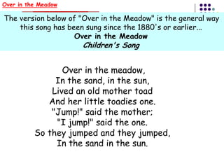 Over in the Meadow

The version below of "Over in the Meadow" is the general way
    this song has been sung since the 1880's or earlier...
                    Over in the Meadow
                     Children's Song


                 Over in the meadow,
               In the sand, in the sun,
              Lived an old mother toad
             And her little toadies one.
              "Jump!" said the mother;
               "I jump!" said the one.
          So they jumped and they jumped,
               In the sand in the sun.
 