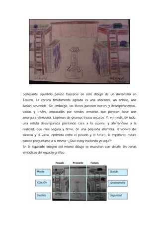 Semejante equilibrio parece buscarse en este dibujo de un dormitorio en
Terezín. La cortina tímidamente agitada es una añoranza, un anhelo, una
ilusión sostenida. Sin embargo, las literas parecen inertes y desesperanzadas,
vacías y tristes, amparadas por sendos armarios que parecen llorar una
amargura silenciosa. Lágrimas de gruesos trazos oscuros. Y, en medio de todo,
una estufa desamparada plantando cara a la escena, y aferrándose a la
realidad, que cree segura y firme, de una pequeña alfombra. Prisionera del
silencio y el vacío, oprimida entre el pasado y el futuro, la impotente estufa
parece preguntarse a sí misma “¿Qué estoy haciendo yo aquí?”
En la siguiente imagen del mismo dibujo se muestran con detalle las zonas
simbólicas del espacio gráfico:
 